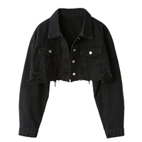 Jaket Denim Wanita Musim Gugur Terpopuler, Model Gothic Skinny Ripped Pendek, Lengan Panjang, Streetwear, Outerwear, Kancing Jacquard, Sabuk