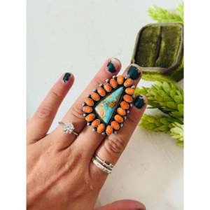 Navajo Turquoise & Multi-Color Stone Sterling Silver <b>Adjustable</b> Cluster <b>Ring</b> 18K Plating One Size Fits All Gift - Product Image 2