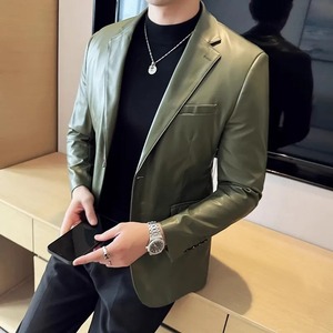 High Quality <b>Leather</b> <b>Jacket</b> Men Single Button Slim Fashion <b>Leather</b> <b>Blazers</b> Male Business Casual Suit Coats Solid PU Outwear Man - Product Image 6