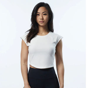 Camiseta de cuello redondo para mujer, prenda de vestir, con cuello redondo y mangas ajustadas de 95% algodón y LICRA, con dobladillo redondo de resina, 5% - Product Image 1