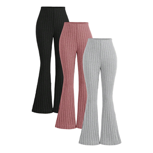 High Waist Knitted Flare <b>Pants</b> Solid Color Women's Casual Autumn Full Length Elastic Waist Ribbed Design Black Pink Gray - Product Image 1