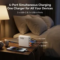 Chargeur mural USB rapide 140W 2C+2A 4 ports avec QC3.0 PD, bloc de charge compact pour ordinateur portable, adaptateur de chargeur USB GaN 140W