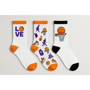 Lot de 3 chaussettes de basketball automne 100 % coton, coupe mi-haute, imprimées numériquement, brodées, antibactériennes pour joueurs de basketball - Product Image 3