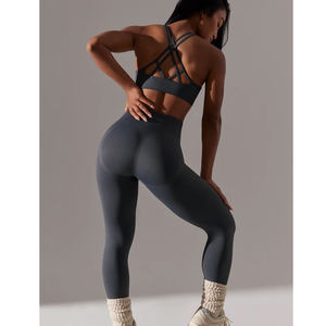 Ensemble de yoga 2 pièces de haute qualité pour femmes, leggings de fitness respirants avec motif uni pour le sport et l'exercice - Product Image 6
