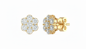 Boucles d'oreilles clous pour femmes en or 14 carats et 14 diamants naturels, taille ronde brillante, motif fleur |   Plaqué or 1,50 carat - Product Image 4
