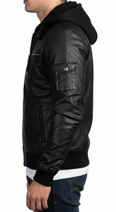 Veste en cuir véritable à capuche pour homme, veste bomber décontractée avec capuche amovible, veste de motard en cuir véritable, veste de mode personnalisée OEM - Product Image 4