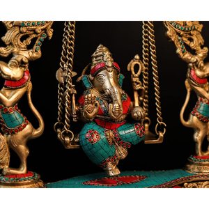 Handmade Brass Ganesha Statue on <b>Swing</b> Jhoola Luxury Traditional Shabby Chic Art for Home & Office Decor for Diwali - Product Image 2
