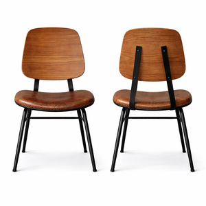 Silla de Comedor de Cuero Genuino con Respaldo de Madera Maciza, Asiento Industrial para Restaurante, Estructura Metálica Vintage, Mueble de Contrato, No Plegable - Product Image 2