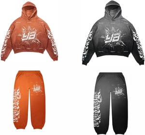 ชุดเซ็ตสเวตสูทแบบมีฮู้ดประดับเพชรพลอยสำหรับฤดูหนาว ไซส์พลัส ล้างสีแบบแอซิดวอช พร้อมโลโก้ OEM แบบกำหนดเอง กางเกงจ็อกเกอร์ขาบานทรงสแตก พร้อมเชือกผูกเอว - Product Image 1