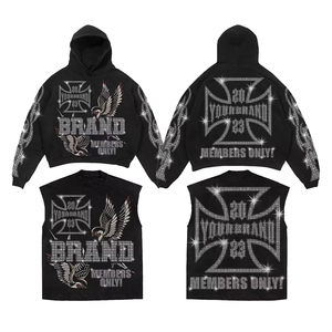 Survêtements tendance pour hommes personnalisés avec strass sur toute la surface, bas déchirés, sweat-shirt et pantalon, 320GSM, unisexe, vintage, lavés - Product Image 1