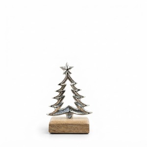 Petit sapin de Noël en métal argenté avec base en bois, ornement de table pour la saison des fêtes, décoration de maison, artisanat en gros - Product Image 1