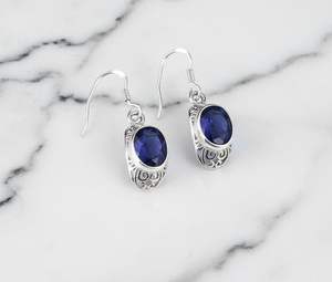 Deep Blue Sapphire Drop Earrings Sterling Silver Oval Dangle Earrings Scrollwork Detail September Birthstone Gift - Product Image 4