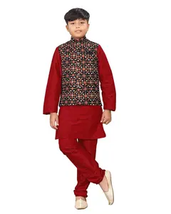 Kids Maroon Printed Kurta with Pyjamas & Nehru Jacket online