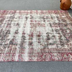 7x9 ft Rug, Vintage Turkish Rug, <b>Red</b> Ikat <b>Wool</b> Rug - Product Image 2