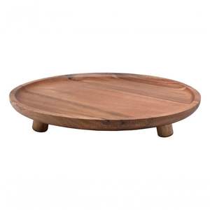 Plateau à thé rectangulaire en noyer à vente chaude avec fines rainures, plateau de service rond sur pied, plateau à gâteau en bois, plateau de service surélevé pour le petit-déjeuner - Product Image 6