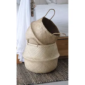 越南制造天然圆形编织海草肚兜，用于储存、洗衣、野餐、植物锅盖