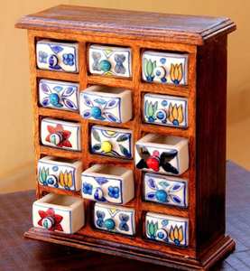 Coffre en bois rustique avec tiroirs décoratifs en céramique |   Fait à la main |   Direct d'usine - Product Image 1