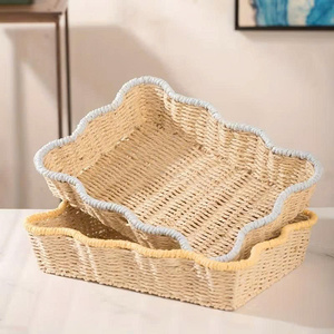 Handwoven Scalloped <b>Storage</b> <b>Basket</b> Desktop Organizer Paper <b>Rope</b> Material <b>Storage</b> Decorative Tray For Home Decoration Living Room - Product Image 3