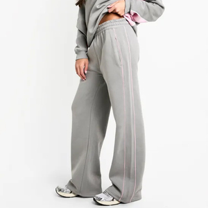 Venta caliente de las mujeres 100% pantalones de chándal de algodón gris pierna recta Jogger detalle de tuberías Terry Fleece suave al tacto transpirable Suelto - Product Image 1