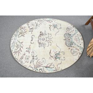 Alfombra Turca Vintage, Redonda de 4x4 pies, Alfombra de Lana con Diseño de Parches Blancos y Azules - Product Image 4