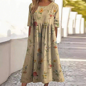Novedad de verano 2025, vestido de mujer: Vestido suelto, informal, elegante y estampado de cuello redondo de gama alta con cintura suelta - Product Image 1