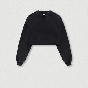 Sweat-shirts à capuche pour femmes en tissu French Terry, prêts à être expédiés, sweat-shirts à col rond surdimensionnés pour femmes, effet vintage délavé, sweat-shirt court - Product Image 4