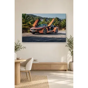 Impression sur toile Fida Orange BMW i8 avec portes ouvertes parmi les palmiers - Product Image 3
