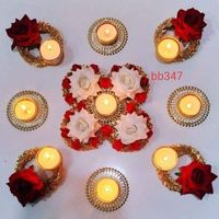 Support de bougie chauffe-plat Rangoli fait main traditionnel indien pour la décoration de la maison, fleurs artificielles en aluminium, écologique, style Art Déco