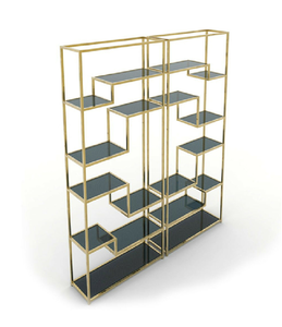 Estantería grande de metal dorado con niveles estilo mármol y círculos decorativos centrales. Disponible a precios de mayoreo. - Product Image 4