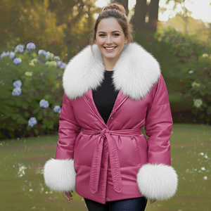 Veste matelassée fine à col en fourrure de renard en cuir véritable rose pour femme, style streetwear d'hiver, fermeture éclair, coupe-vent - Product Image 2