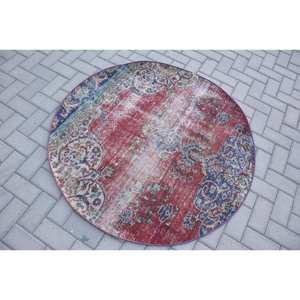 Vintage Turkish <b>Rug</b> <b>Large</b> Area 4.2 X 4.2ft Red <b>Blue</b> Patchwork Design Wool Material Latex Backing Teen Oval Dining Room Eco - Product Image 4