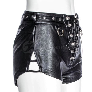 Shorts d'été décontractés en cuir pour femmes, taille élastique, logo personnalisé, grandes tailles, respirants, design tendance, avec nœud décoratif et boutons, couleur unie - Product Image 3