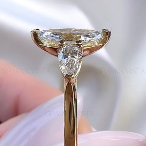 แหวนเพชรโมอิสและลูกแพร์10K/14K/18K ประดับเพชรแบบสามเม็ดทำจากหินอัญมณีงานหมั้นแบบปรับแต่งได้ - Product Image 3