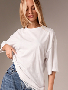 Oversized <b>White</b> Lace Hem Layered <b>Tee</b> Women's Shirts Loose Drop Shoulder Short Sleeve Cotton T-Shirt Crewneck Casual Blouses ODM - Product Image 5