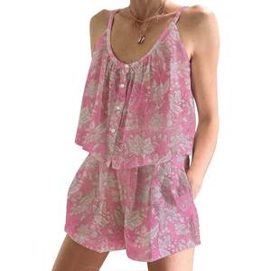 Conjunto de Pijama Corto de Algodón con Estampado Floral para Mujer, Ropa de Dormir Ajustada sin Mangas con Tirantes para Primavera/Verano - Product Image 1