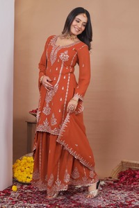 Salwar Kameez de Georgette para Mujer, Estilo Indio, Color Naranja, Bordado, Tradicional, para Bodas y Fiestas, Estilo India-Pakistán, Elegante - Product Image 3
