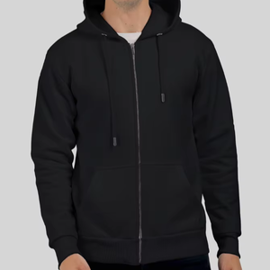 Sweat à capuche noir uni pour hommes, 90%/10% P/C, 400 GSM peigné bio-lavé pré-rétréci Derby unisexe, ourlet côtelé et manchette, fermeture éclair en métal - Product Image 1