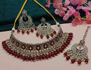 Diseño de flores indias Motipearl de moda tradicional y gota Chapado en oro Pendiente de lujo Maagtika Conjunto de collar y conjunto de joyería - Product Image 5