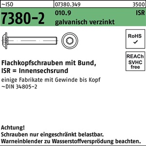 <b>Flat</b> Head <b>Screw</b> ISO 7380-2 Internal Hex Socket M4 X 8-T20 Grade 10.9 Galvanised 500 Pieces - Product Image 1