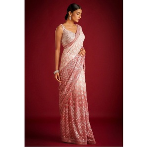 Élégant Fantaisie Pure Georgette Soie Sari Femmes Traditionnel Ethnique Belle Multi-Point Broderie Séquence Travail Vêtements De Mariage - Product Image 1