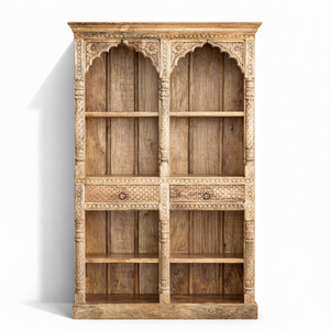Carved Solid Mango Wood Bookcase <b>Cabinet</b> Mediterranean Style Handcrafted Eco-Friendly Durable Large Capacity Storage Furniture - Product Image 2