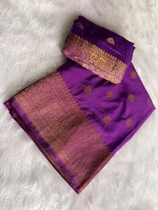 Màu Vàng Màu Hồng Đôi Màu Lụa Satin Mysore Banaras Phong Cách Ấn Độ Đảng Giản Dị Rayon Saree + Áo Căng Ra Có Thể Đảo Ngược Mềm - Product Image 3