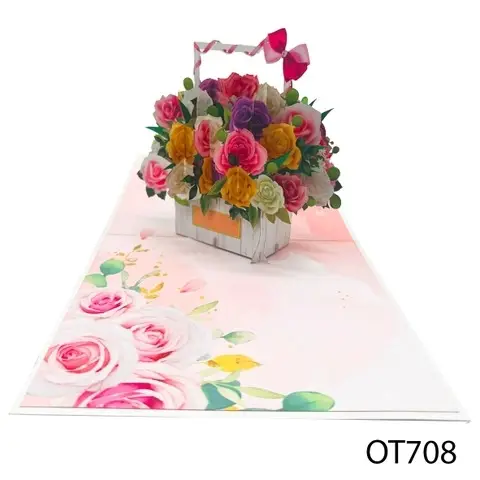 Cesto di rose Pop Up carta 3D Laser fiori tagliati biglietto di auguri Design personalizzato anniversario artigianato all'ingrosso Vietnam Top di tendenza