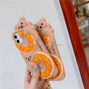 3D Cute Cartoon Tasty Donuts Bear Phone Case for iPhone 13 12 Mini 11 Pro XS Key Ring Pendant Soft Back Cover