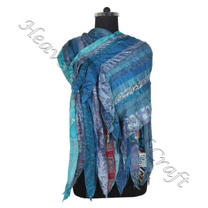 ผ้าไหมส่าหรีรีไซเคิลงานแฮนด์เมดดีไซน์เนอร์15แถบผ้าพันคอผู้หญิงผ้าพันคอยาว SC608วินเทจผ้าไหมชั้นดีขายส่ง - Product Image 4