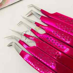 Venta al por mayor de pinzas profesionales de acero inoxidable para pestañas con logotipo personalizado Hot Pink Star Grip extensión de pestañas punta puntiaguda - Product Image 5