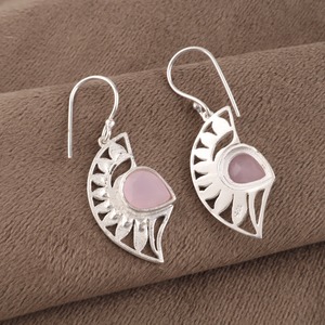 Women’s 925 <b>Sterling</b> <b>Silver</b> Bohemian Drop <b>Earrings</b>, Geometric Pattern, Rose Chalcedony Bezel Set, Handmade <b>Dangle</b> <b>Earrings</b>, Ever - Product Image 5