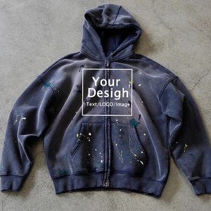 Sweat-shirt à capuche à double fermeture éclair fait à la main Distressed Heavyweight Jacket Street Style Hoodies - Product Image 2