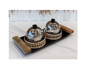 <b>Set</b> Of Two Rattan And Steel Chocolates Server With Iron Tray Handmade Round Shape Sweets <b>Dessert</b> Server - Product Image 1