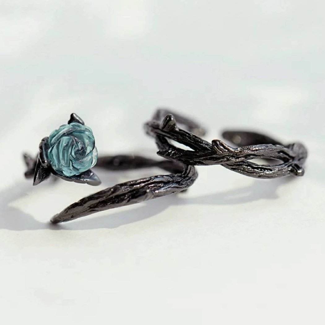 Blue Rose Thorns Double Band Moissanite Ring Exclusive Floral Design  Christmas Love Gift Ring with Rose Thorns Memorial Touch